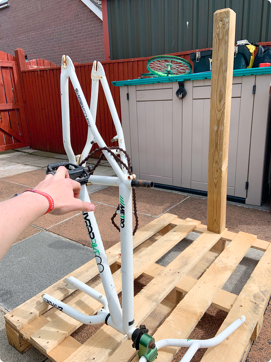 BMX Frame with Pallet & Fence Post